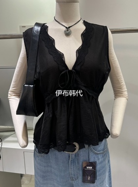 RENDER韩国东大门正品代购26夏款 V领蕾丝飞边花边绑带点点背心