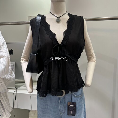 V领蕾丝飞边花边绑带点点背心