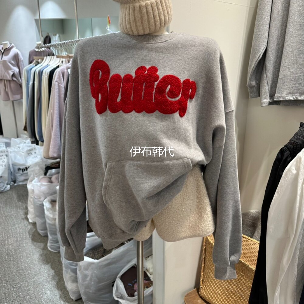 圆领毛绒字母大口袋加绒卫衣