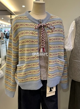FURE韩国东大门正品代购26春款 圆领碎花条纹绑带毛衣针织开衫