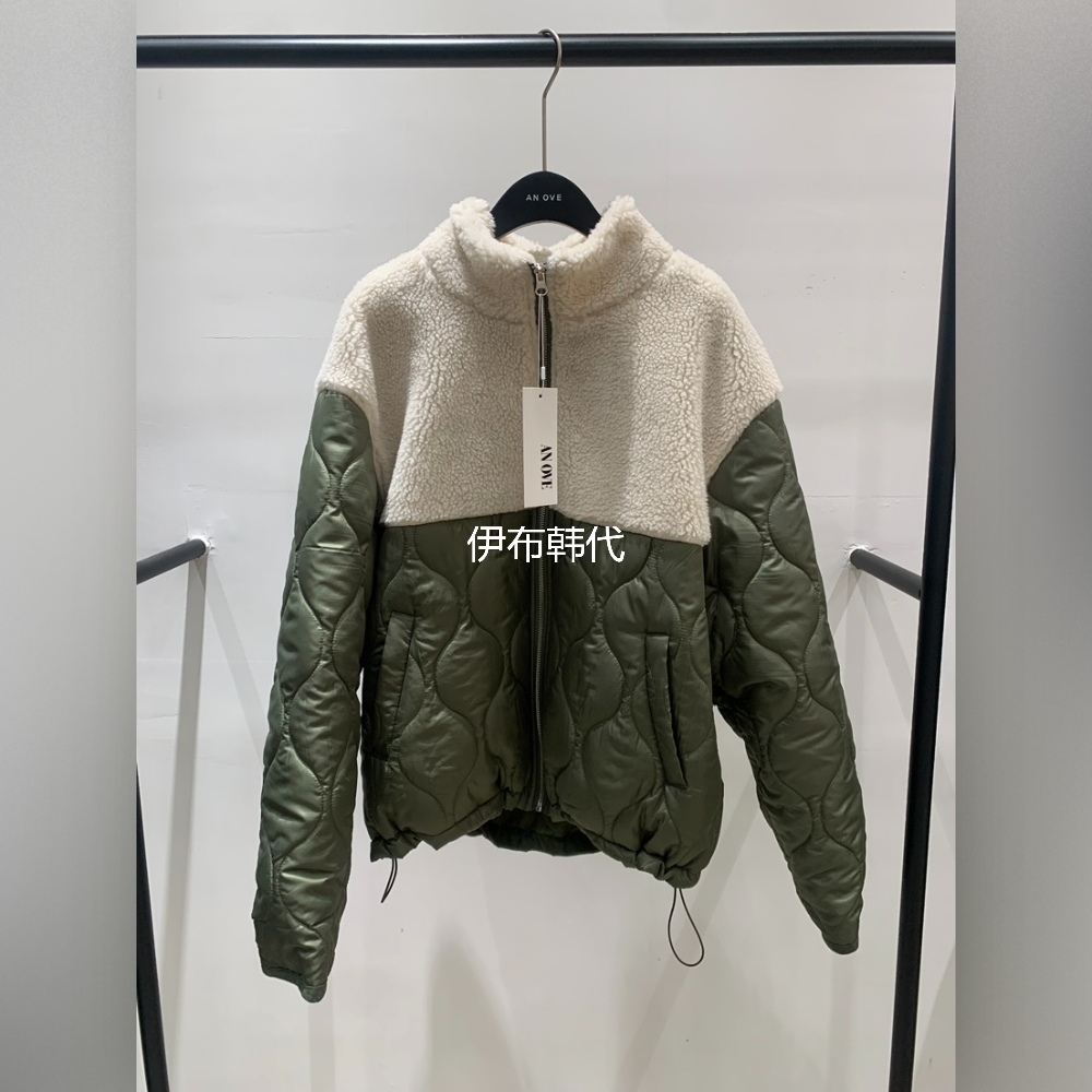 立领仿羊羔毛绒拼接豹纹棉服外套