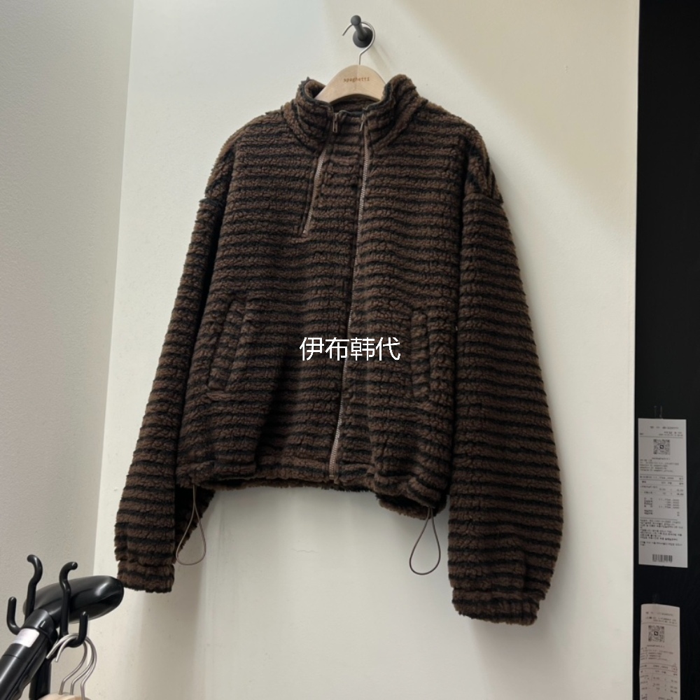 SPAGHETTI韩国东大门正品代购25冬 立领仿羊羔毛绒拉链开衫短外套