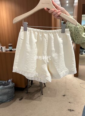 松紧腰透明蕾丝花边飞边白色短裤