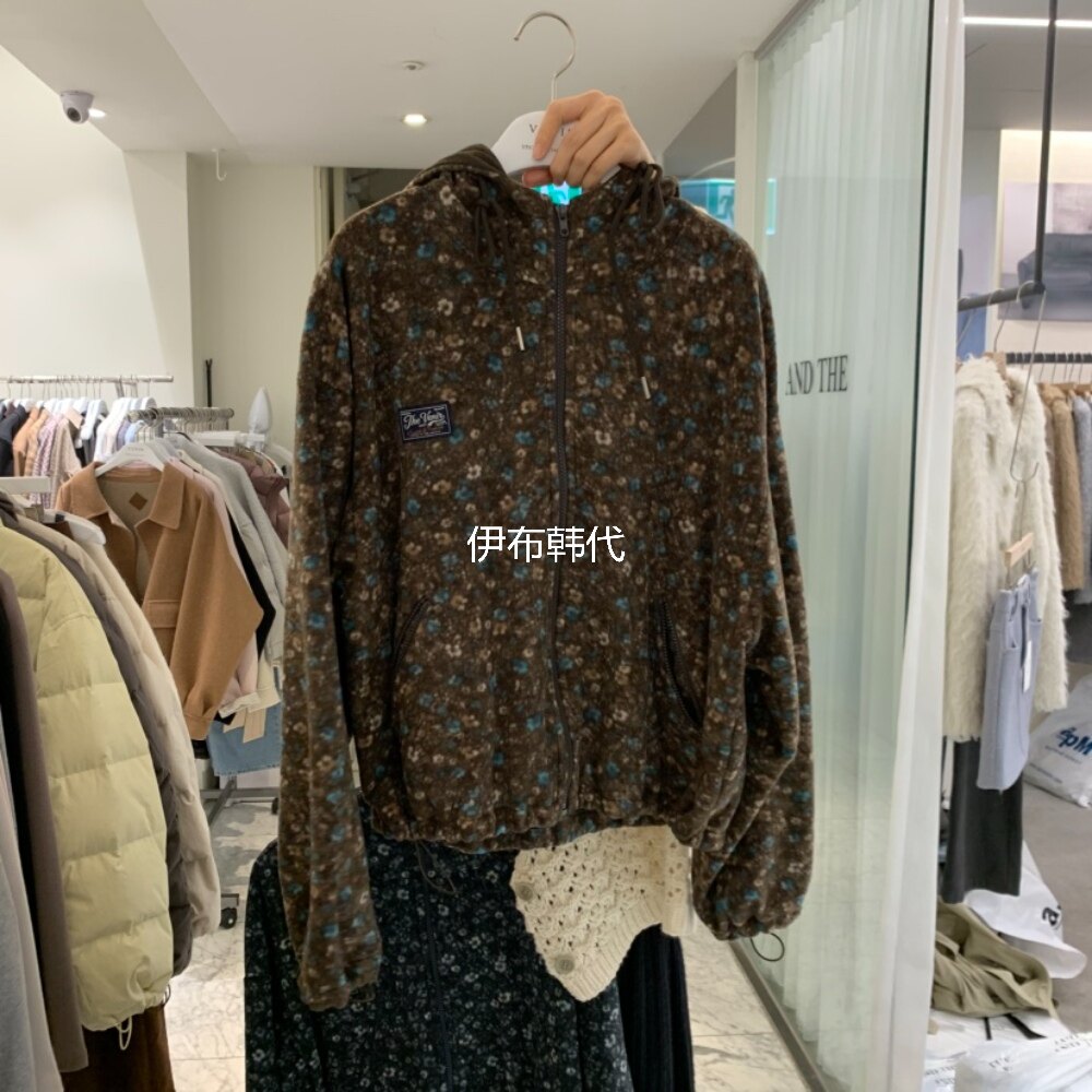 VENIR韩国东大门正品代购26冬款 连帽抽绳碎花绒布摇粒绒卫衣外套
