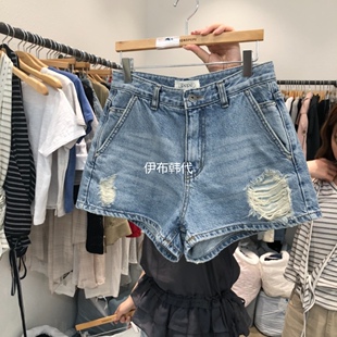 ALMOND PEPE韩国东大门正品代购26春 拉丝做旧破洞休闲牛仔裤短裤