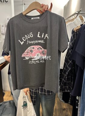 圆领做旧卡通汽车短袖T恤女