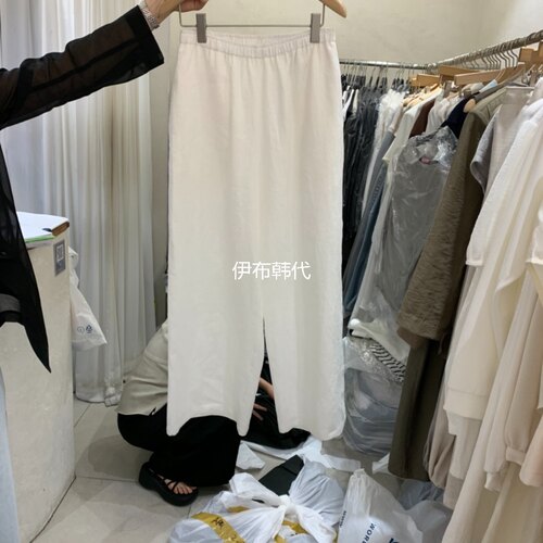 松紧腰纯色休闲直筒裤棉麻长裤