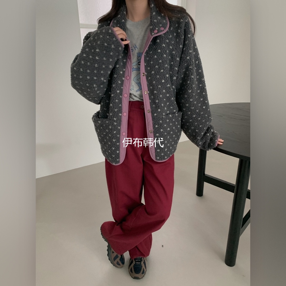 伊布 韩国东大门正品代购25冬款 翻领爱心摇粒绒双面两穿保暖外套