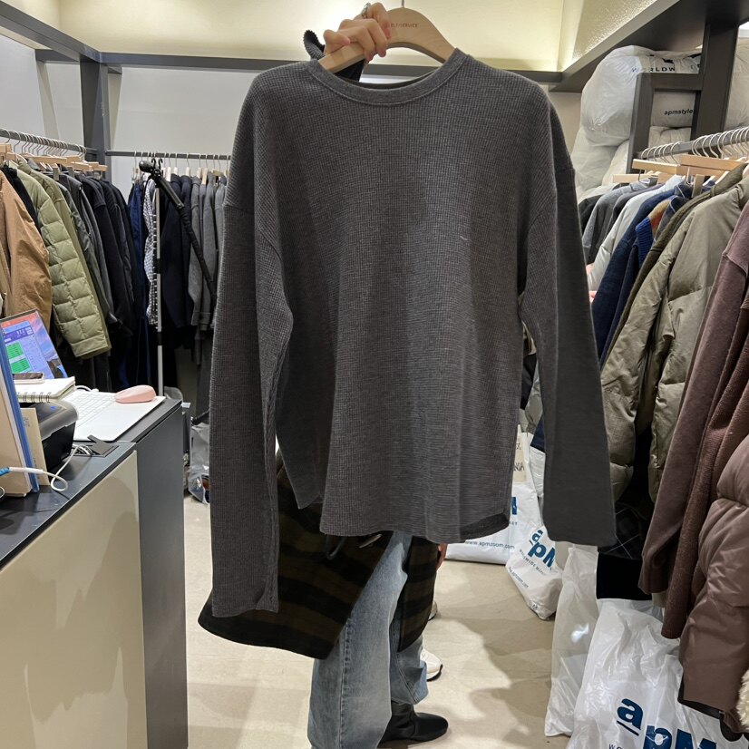 圆领纯色华夫格露指长袖T恤