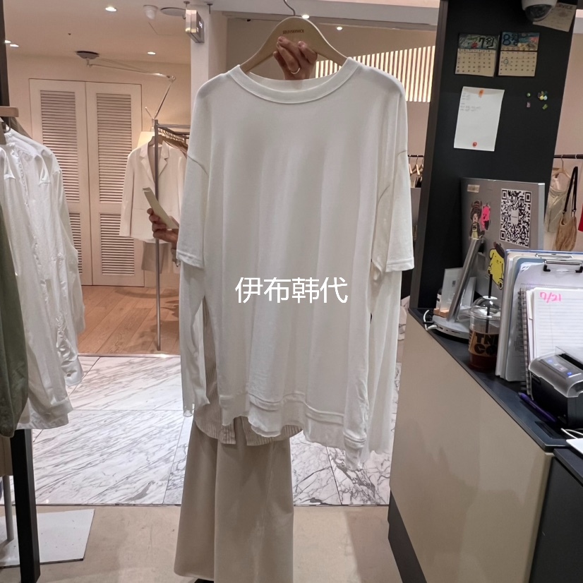 秋款圆领纯色棉质假两件T恤女