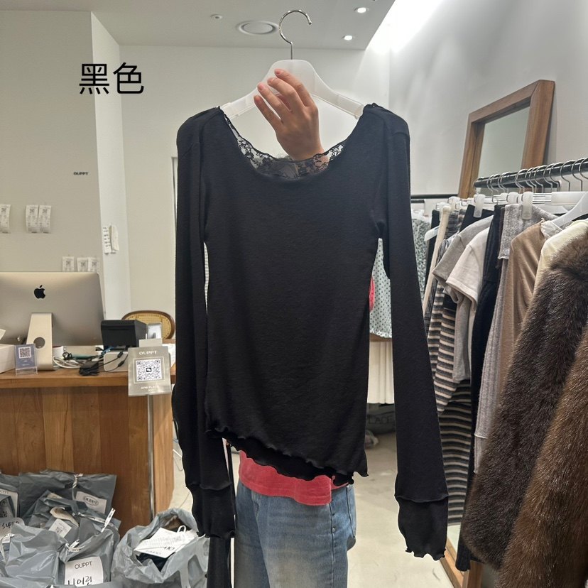 伊布 韩国东大门正品代购26春款 蕾丝拼接假两件休闲一字领打底T,女装/女士精品,T恤,淘宝优惠券,粉丝福利购,淘宝优惠卷