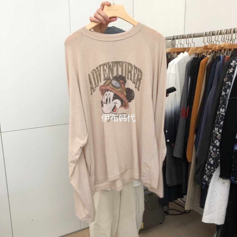 圆领做旧卡通老鼠宽松长袖T恤