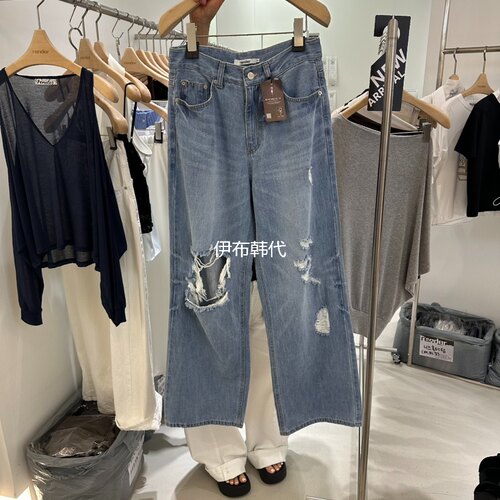 破洞做旧牛仔裤直筒裤长裤女
