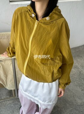 连帽抽绳亮面拉链薄款防晒衫外套