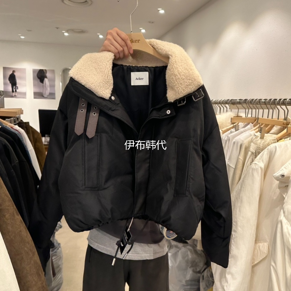ACKER韩国东大门正品代购25冬款 翻领仿羊羔毛绒皮带羽绒服外套