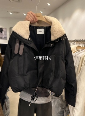 ACKER韩国东大门正品代购25冬款 翻领仿羊羔毛绒皮带羽绒服外套