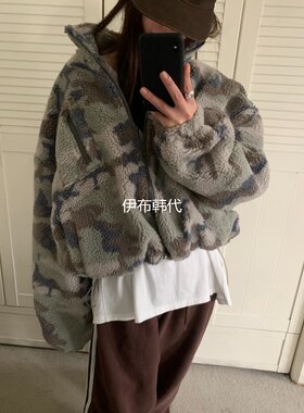仿羊羔毛绒夹棉保暖抽绳迷彩外套