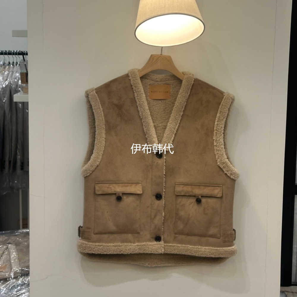 V领仿羊羔毛绒皮毛一体马夹坎肩