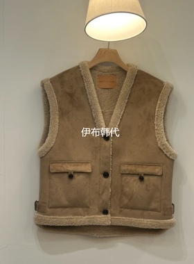 NOTTINGHAM韩国东大门正品代购冬 V领仿羊羔毛绒皮毛一体马夹坎肩