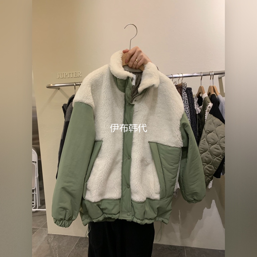 韩国东大门正品代购25冬款 立领仿羊羔毛绒拼接宽松棉衣外套
