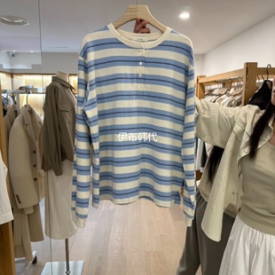 ROUNDER韩国东大门正品代购26春款 圆领休闲简约条纹纽扣长袖T恤