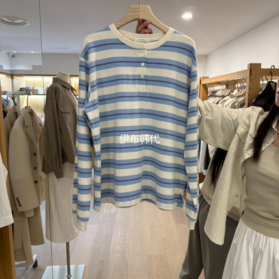 圆领休闲简约条纹纽扣长袖T恤