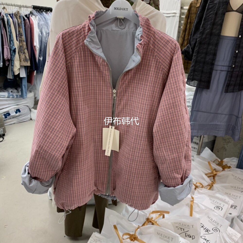 SOLD OUT韩国东大门正品代购26春 立领抽绳格子双面拉链夹克外套