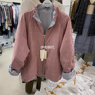 SOLD 代购 26春 立领抽绳格子双面拉链夹克外套 OUT韩国东大门正品