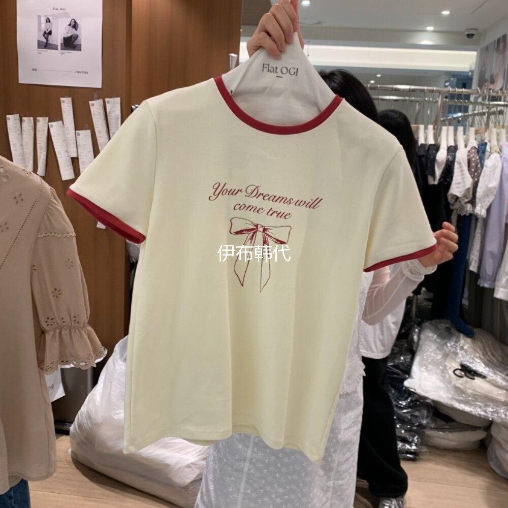 OGI韩国东大门正品代购26春款 圆领休闲包边领可爱蝴蝶结短袖T恤