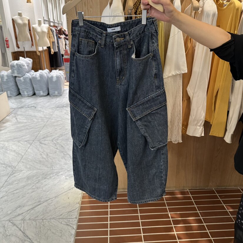 CHOI韩国东大门正品代购26秋款 大口袋休闲宽松八分裤牛仔裤女