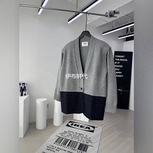 RED韩国东大门正品代购26春款 V领竖纹拼接西服毛衣针织开衫外套