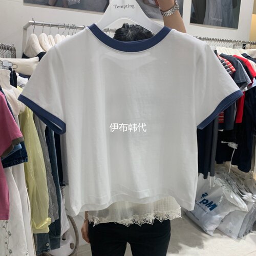 圆领休闲包边领后背字母短款T恤