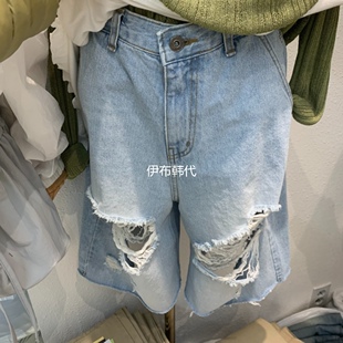ALMOND PEPE韩国东大门代购26春 拉丝做旧浅色宽松牛仔裤中裤短裤