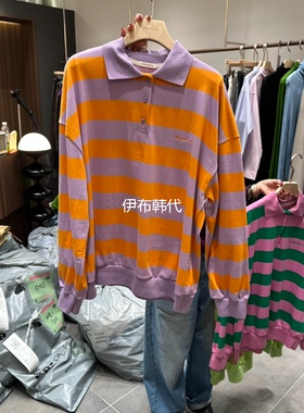 BABYTOUCH韩国东大门正品代购26春款 翻领纽扣彩色宽条纹休闲卫衣