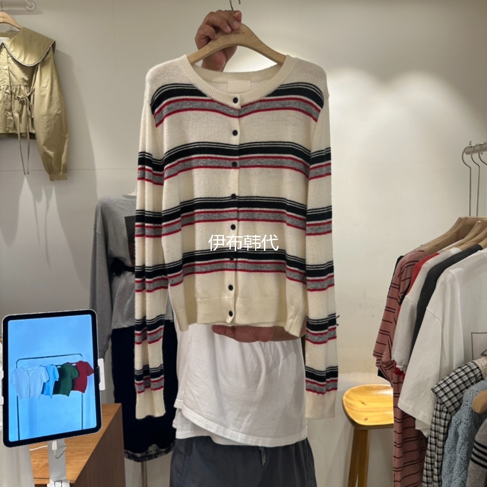 圆领简约条纹薄款针织开衫外套