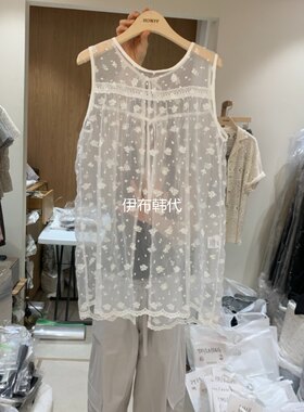 圆领透明花朵绑带中长蕾丝背心