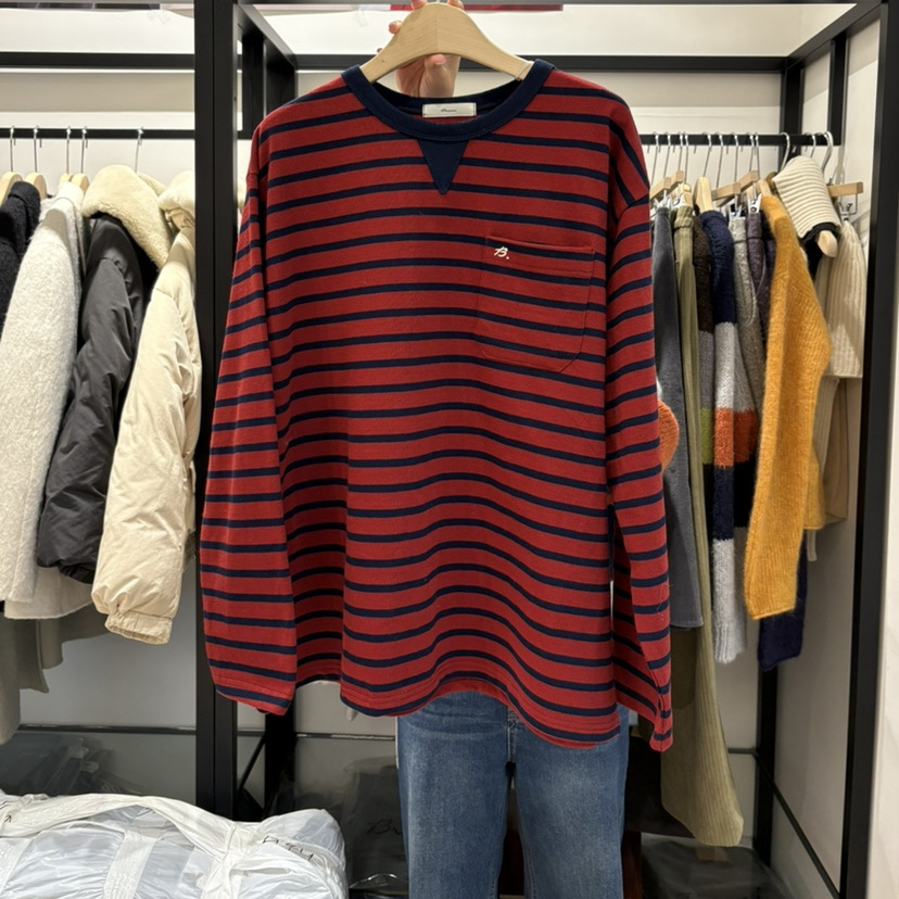 圆领休闲条纹口袋长袖T恤