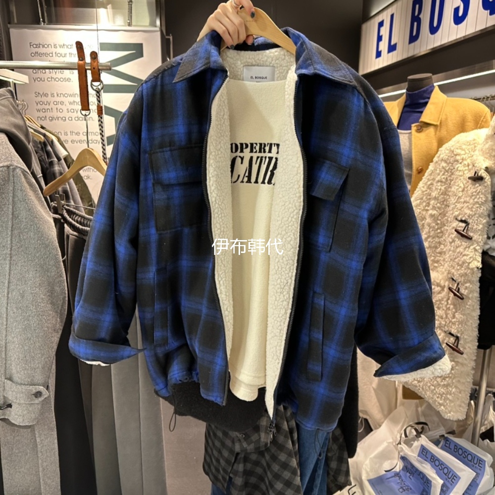 翻领格子毛呢棉绒内里保暖外套