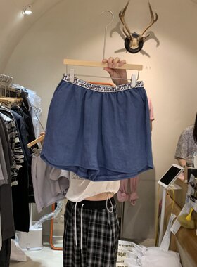字母腰松紧休闲麻料宽松短裤女