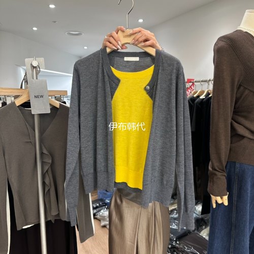 圆领拼色撞色假两件纽扣针织衫女