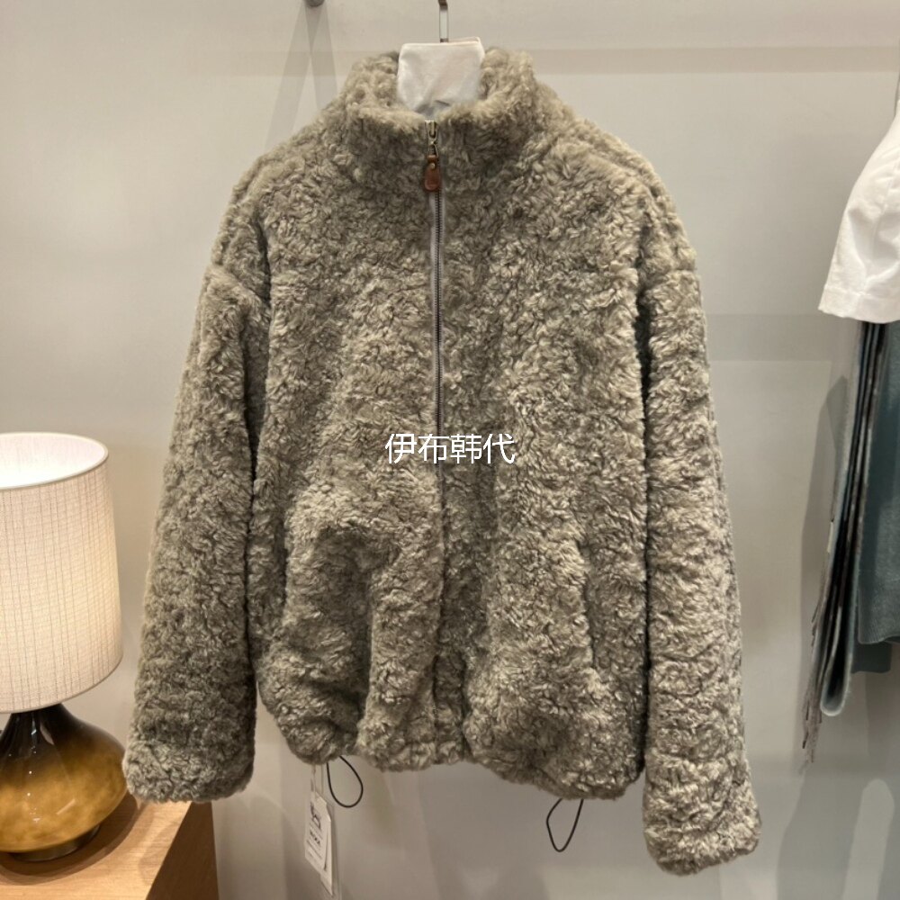立领拉链仿羊羔毛皮草抽绳外套