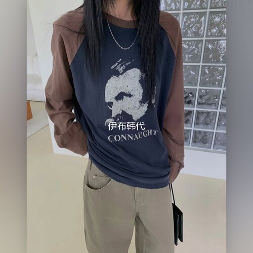 圆领磨破做旧人物插肩T恤