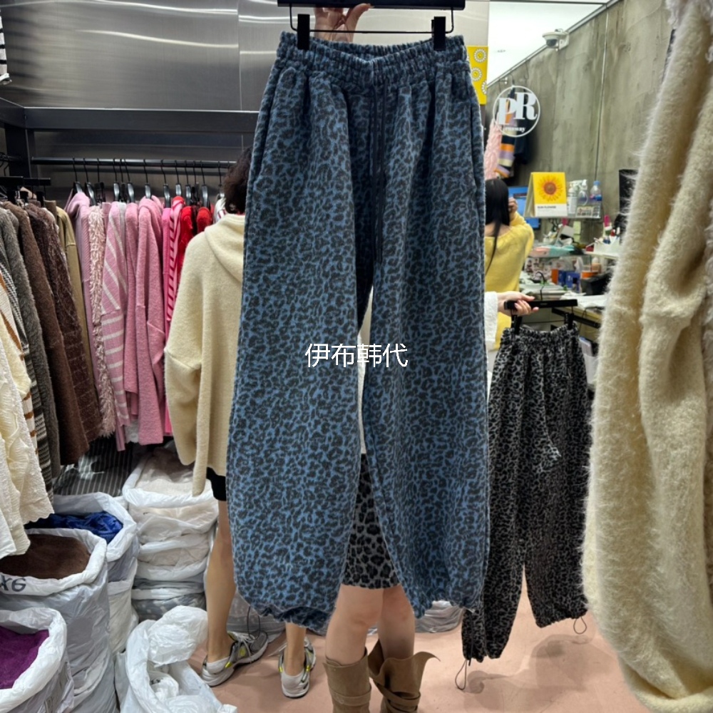 松紧腰豹纹休闲磨毛毛绒束脚长裤