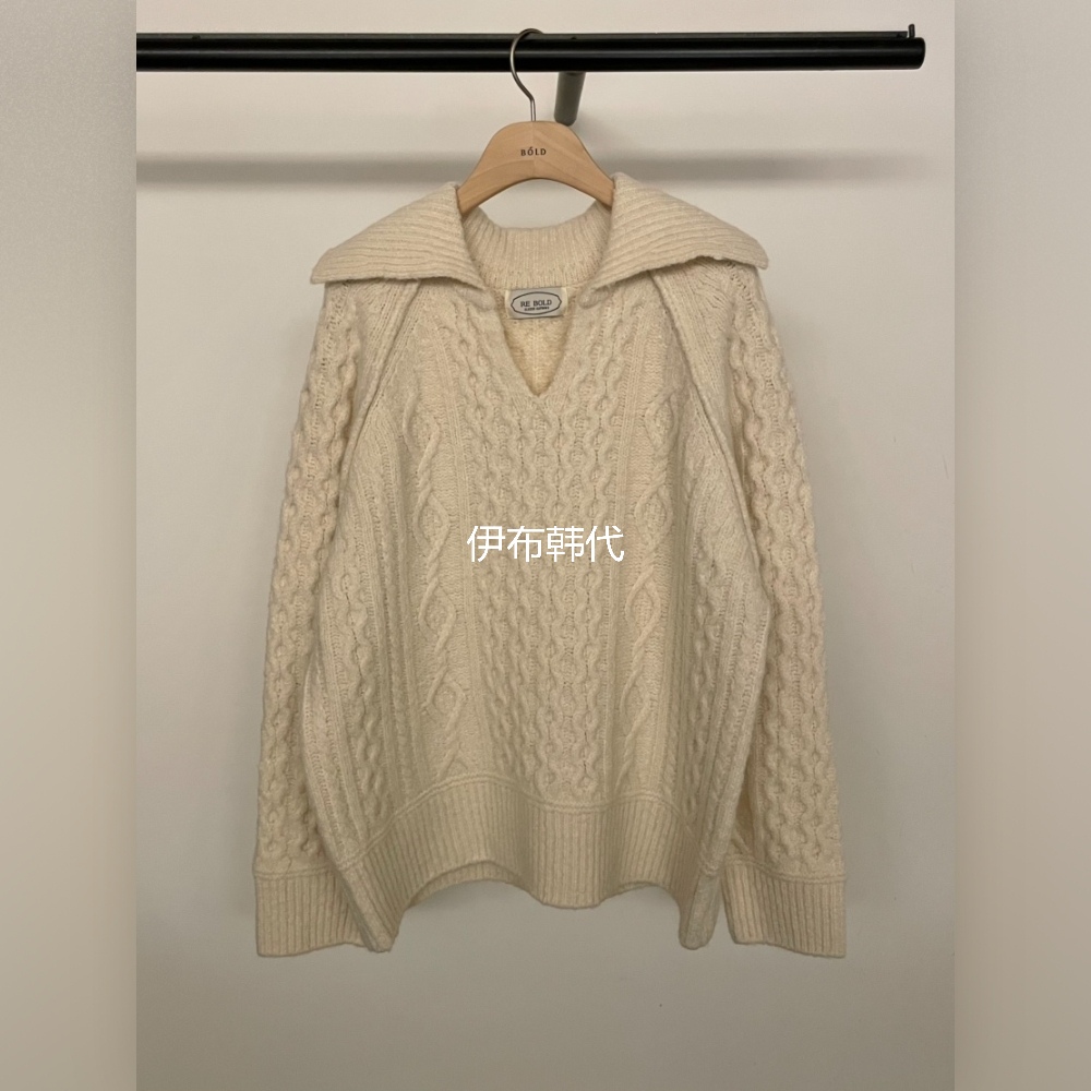 BOLD韩国东大门正品代购25冬 翻领休闲开口菱形格羊毛针织衫毛衣
