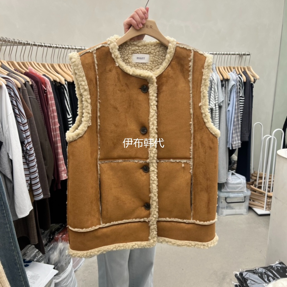 圆领仿羊羔毛绒皮毛一体马夹坎肩