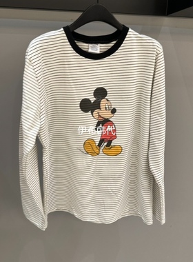 CREDITO韩国东大门正品代购26春 圆领休闲细条纹卡通老鼠长袖T恤