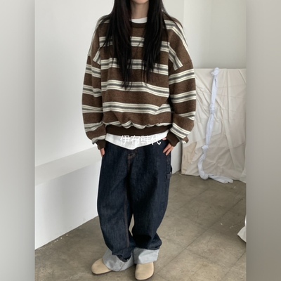 圆领磨毛条纹休闲套头针织衫女