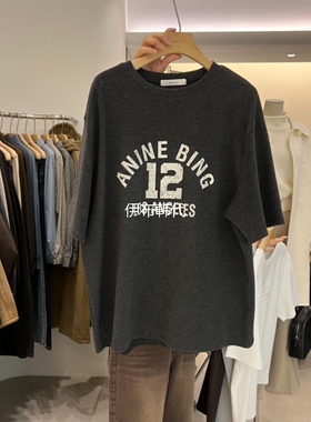 PHILO韩国东大门正品代购25冬款 圆领做旧字母数字宽松加绒T恤