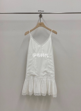 VERGAMOT韩国东大门正品代购26春款 V领蕾丝飞边白色吊带裙连衣裙