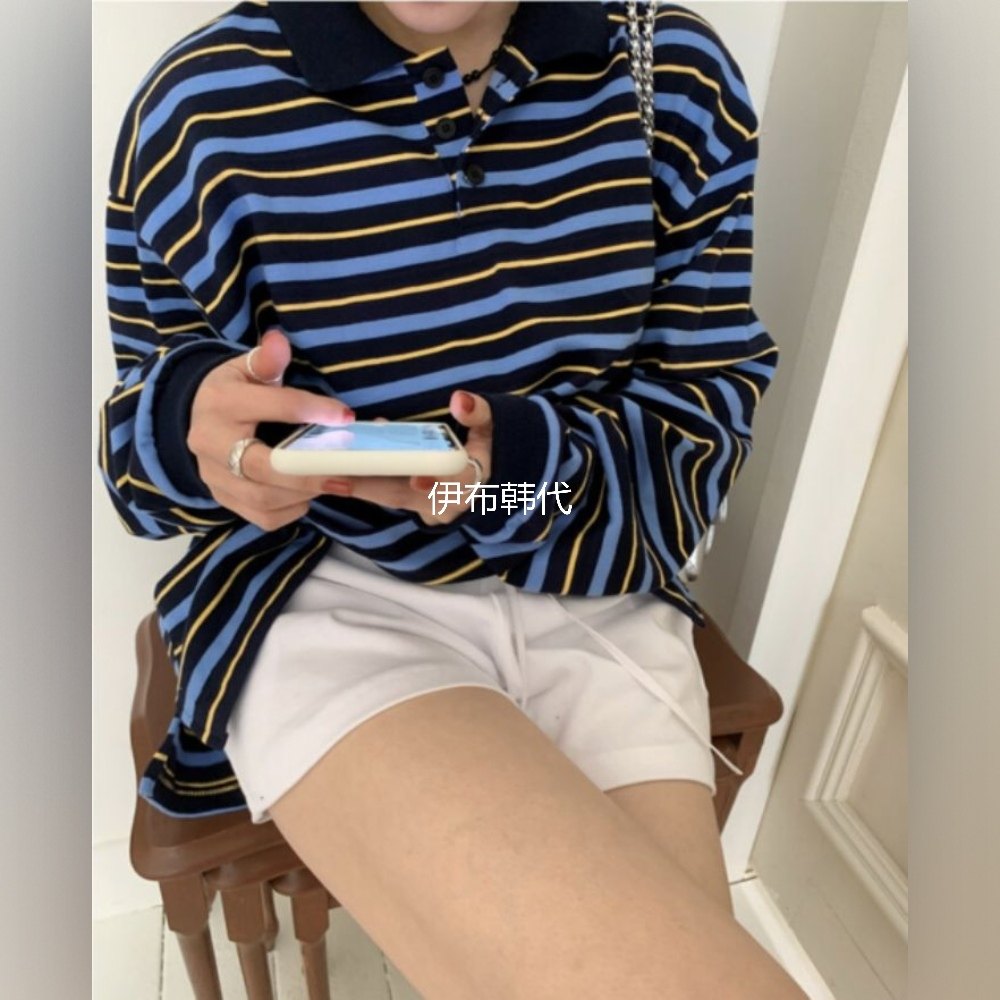 伊布 韩国东大门正品代购26春款 翻领休闲条纹纽扣套头长袖T恤,女装/女士精品,T恤,淘宝优惠券,粉丝福利购,淘宝优惠卷